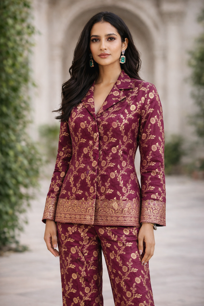 Wine Brocade Coord set