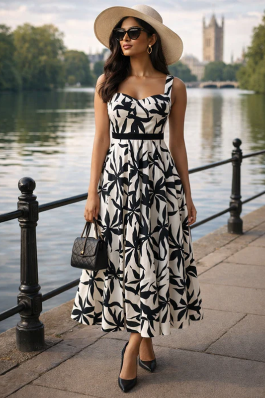 Ivory noir floral midi dress