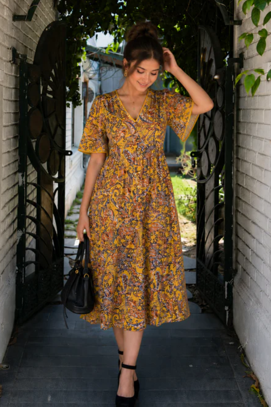 Printed Cotton Yellow Dress
