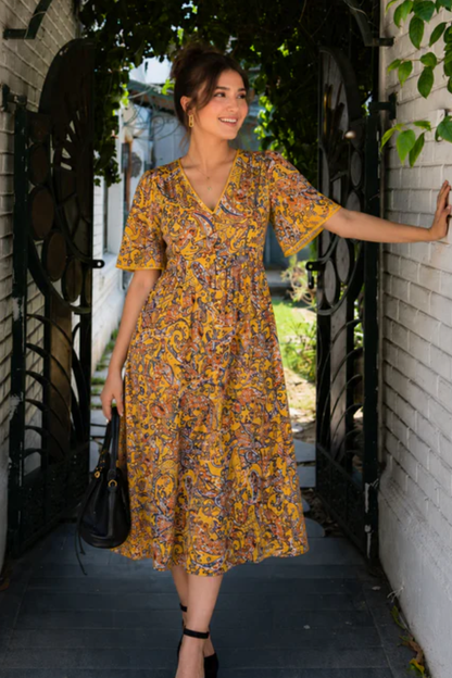 Printed Cotton Yellow Dress