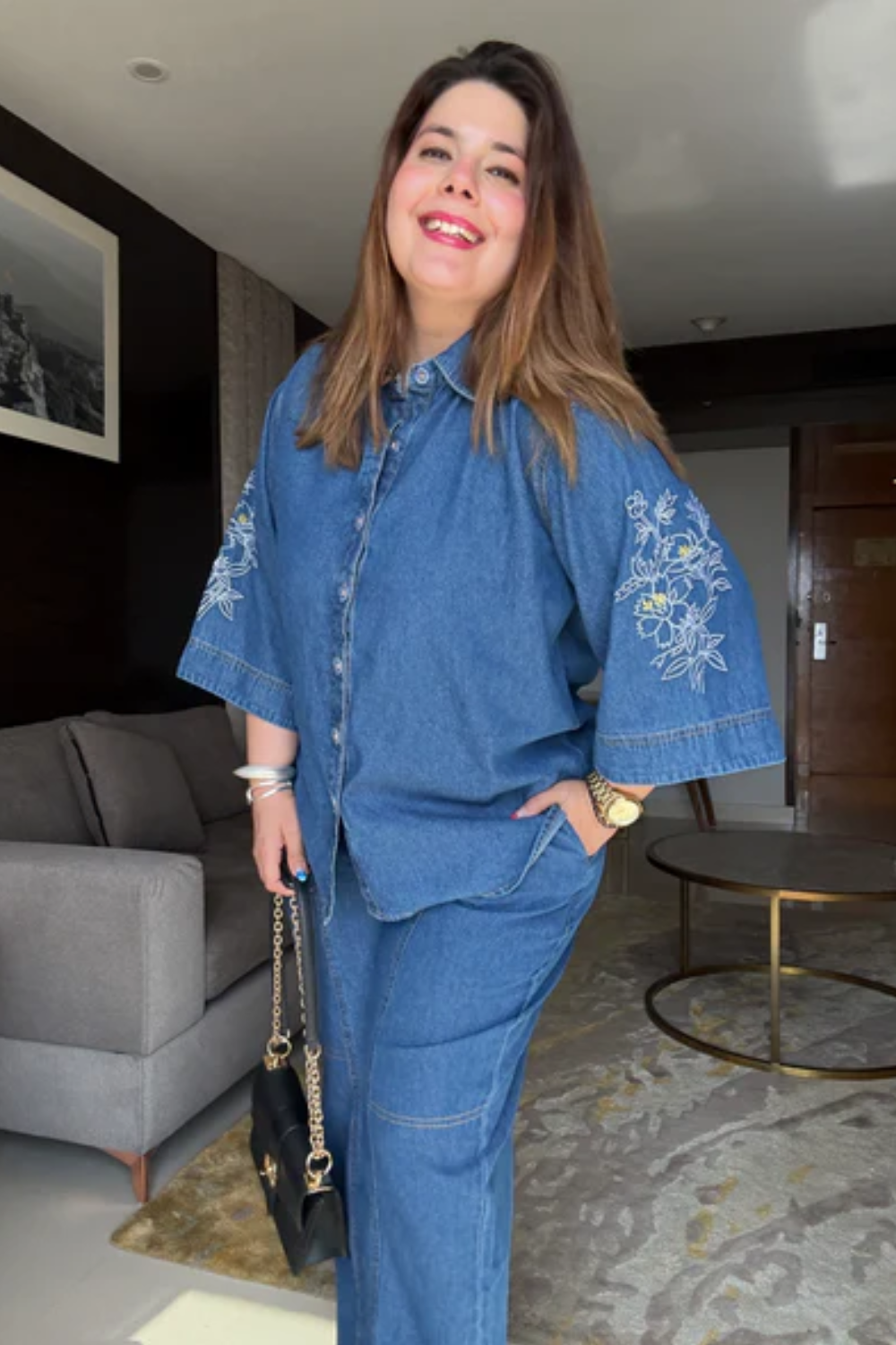 Denim Embroidered Cord Set