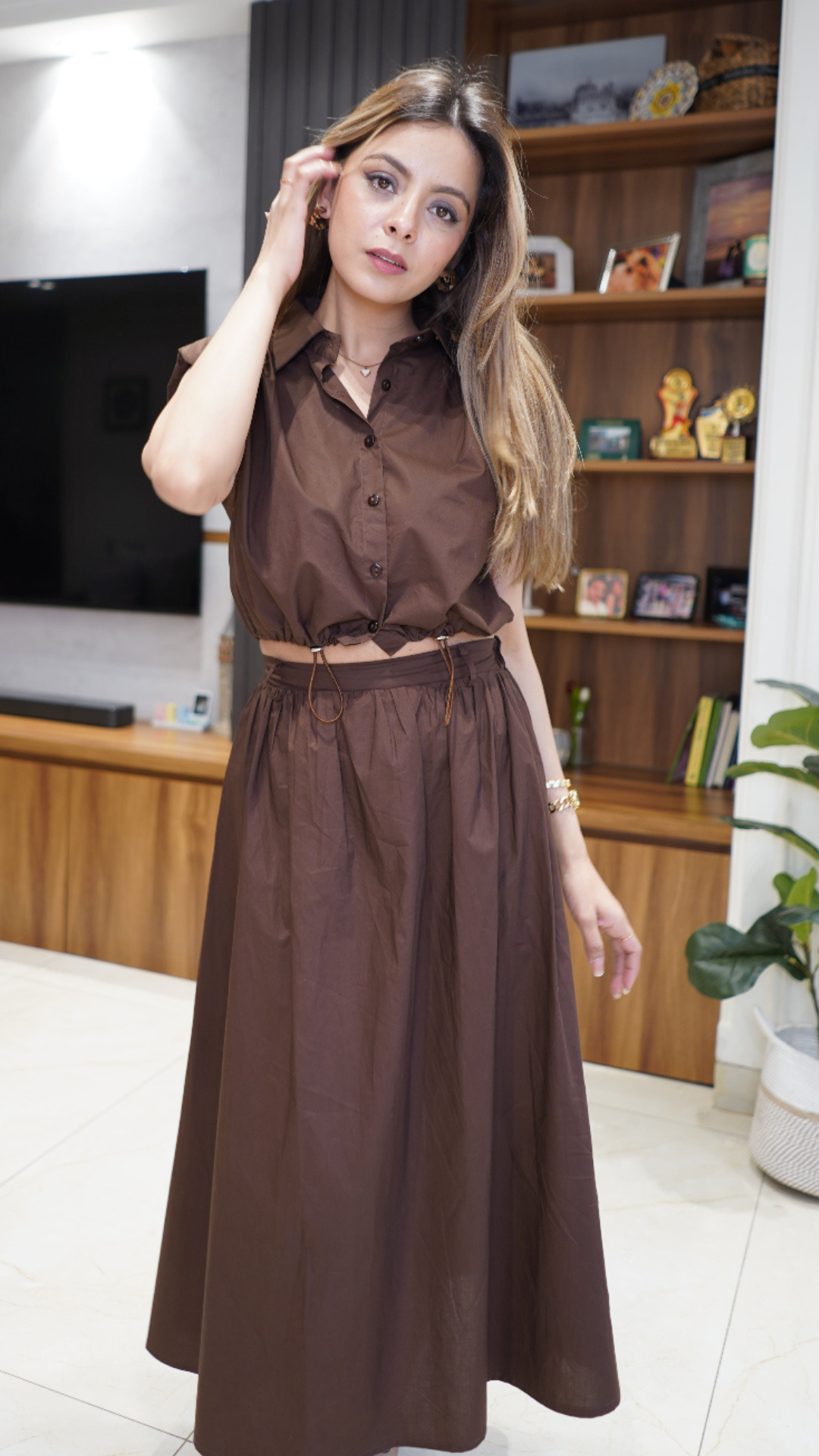Brown Poplin Skirt Set