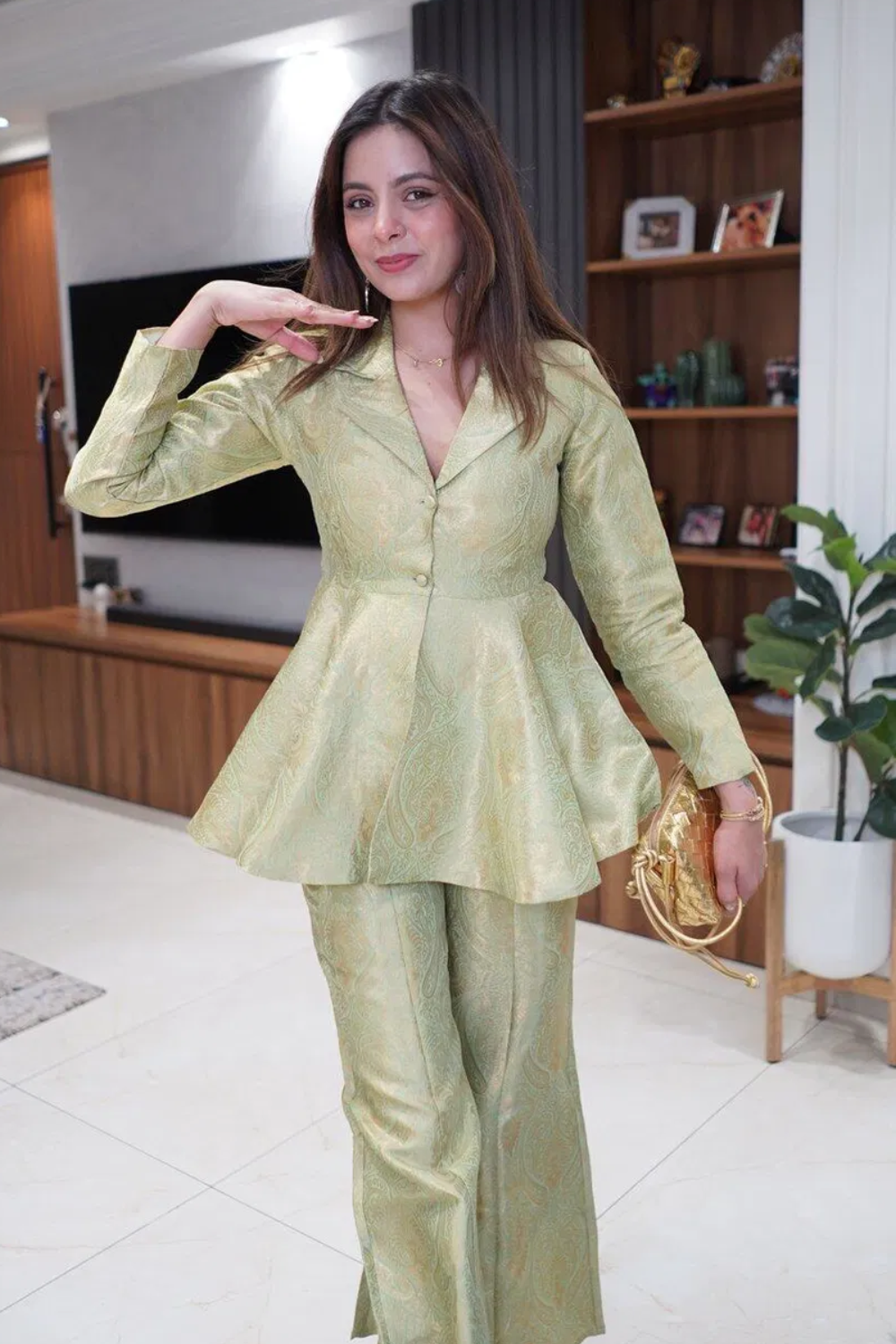 Golden Sage Peplum Top with Flared Pants