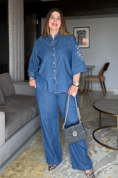 Denim Embroidered Cord Set