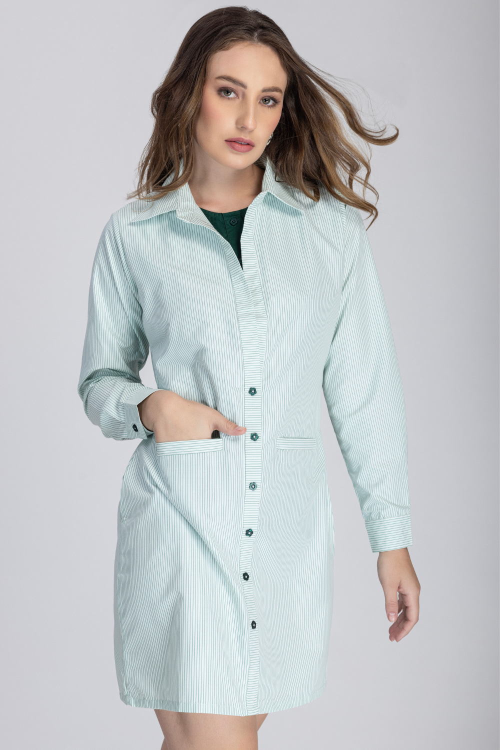 Double Placket Shirt Dress (Green)
