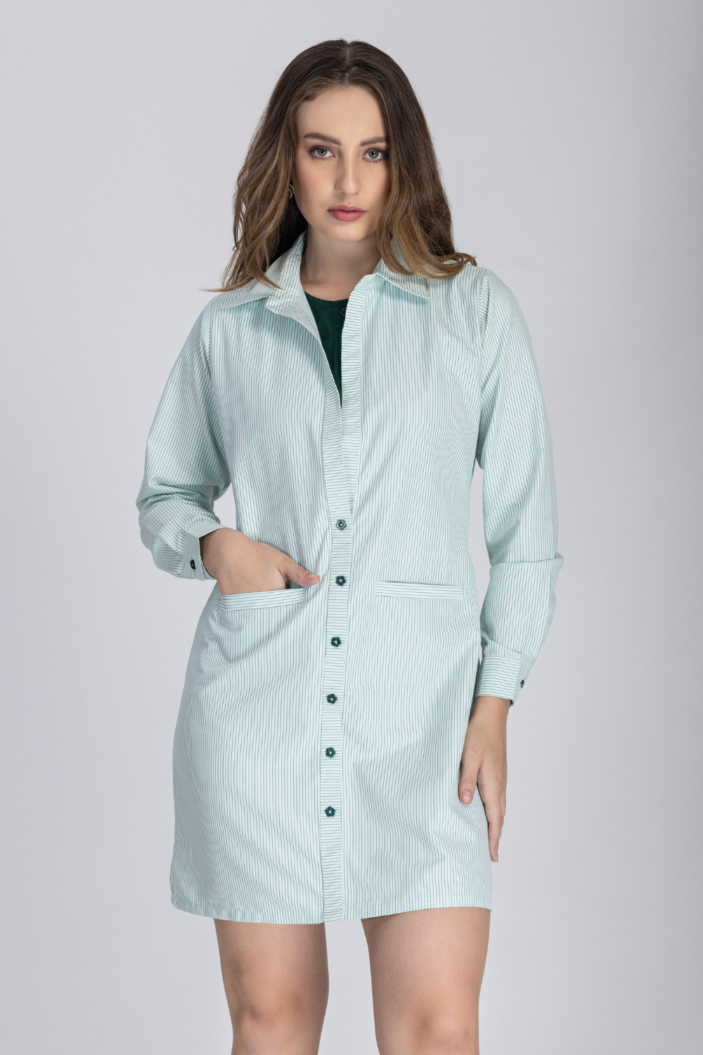 Double Placket Shirt Dress (Green)