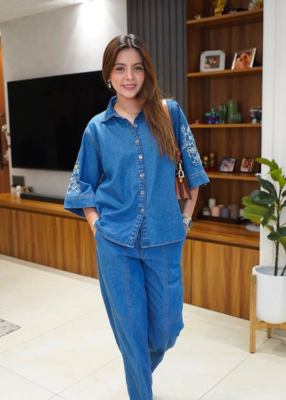 Denim Embroidered Cord Set