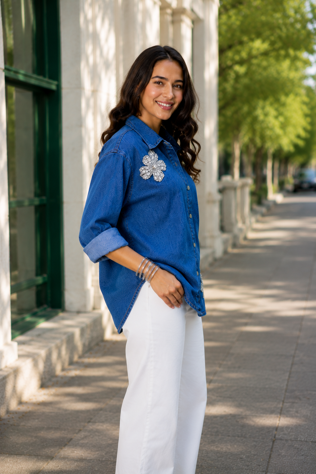 Crystal Bloom Denim Shirt