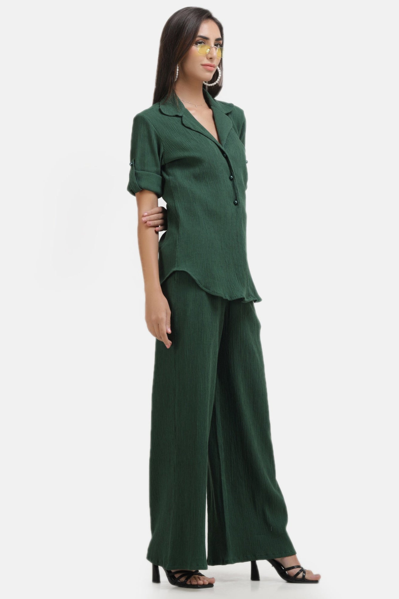 Crinkle Crepe Shirt+Pants (Dark Green)